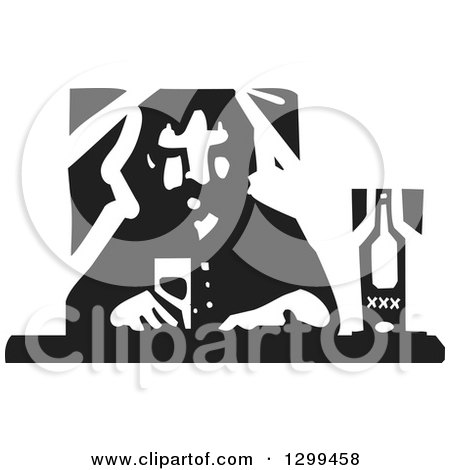 Clipart of a Black and White Woodcut Lonely Man Drinking at a Bar - Royalty Free Vector Illustration by xunantunich