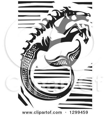 Clipart of a Black and White Woodcut Hippocampus Fantasy Seahorse - Royalty Free Vector Illustration by xunantunich