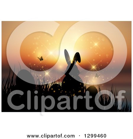 Clipart of a Silhouetted Easter Bunny with Eggs, Butterflies and Grass Against a Magical Orange Sunset - Royalty Free Vector Illustration by KJ Pargeter