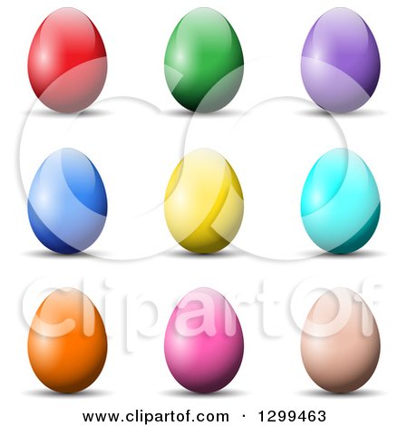 Clipart of 3d Solid Colored Easter Eggs and Shadows on White - Royalty Free Vector Illustration by KJ Pargeter