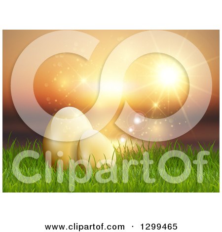 Clipart of 3d Yellow Easter Eggs in Grass over a Sunset Ocean - Royalty Free Vector Illustration by KJ Pargeter