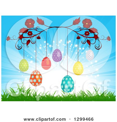 Clipart of a Red Floral Vine with Suspended Patterned Easter Eggs over Grass and a Sun Burst - Royalty Free Vector Illustration by elaineitalia