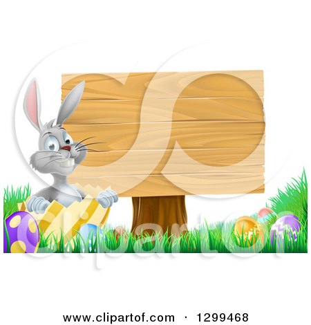 Clipart of a Gray Easter Bunny Rabbit with Eggs, Sitting in a Shell by a Blank Wood Sign - Royalty Free Vector Illustration by AtStockIllustration