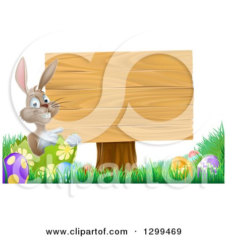 Clipart of a Brown Easter Bunny Rabbit with Eggs, Pointing to a Blank Wood Sign - Royalty Free Vector Illustration by AtStockIllustration