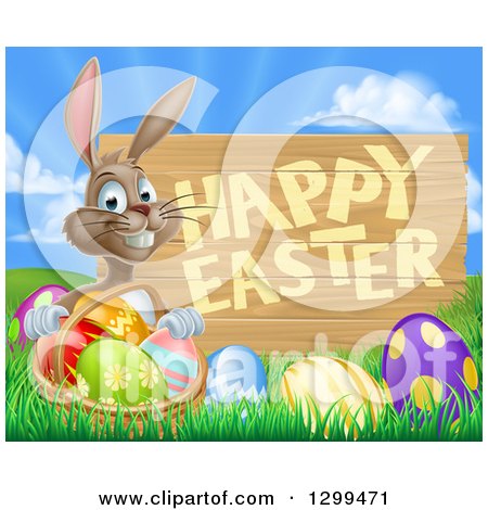 Clipart of a Brown Bunny Rabbit with a Basket of Eggs in the Grass, a Happy Easter Sign Against a Sunrise - Royalty Free Vector Illustration by AtStockIllustration