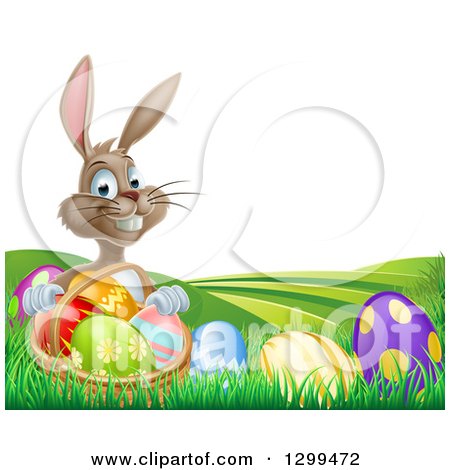 Clipart of a Brown Easter Bunny Rabbit with a Basket of Eggs on a Hill - Royalty Free Vector Illustration by AtStockIllustration