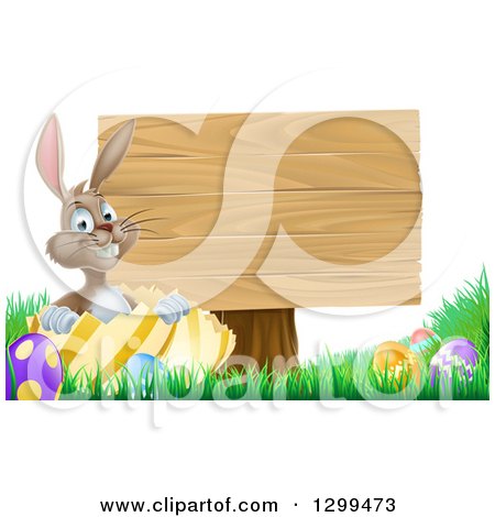 Clipart of a Brown Easter Bunny Rabbit with Eggs, Sitting in a Shell by a Blank Wood Sign - Royalty Free Vector Illustration by AtStockIllustration