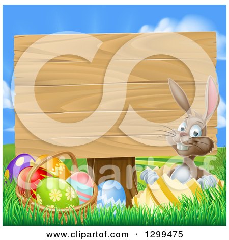 Clipart of a Brown Easter Bunny Rabbit with Eggs, Sitting in a Shell by a Basket and Blank Wood Sign Against Sky - Royalty Free Vector Illustration by AtStockIllustration
