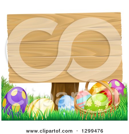 Clipart of a Basket of Easter Eggs in the Grass Under a Blank Wood Sign - Royalty Free Vector Illustration by AtStockIllustration