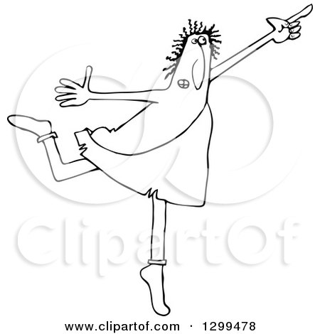 Lineart Clipart of a Black and White Chubby Caveman Ballerino Dancing - Royalty Free Outline Vector Illustration by djart