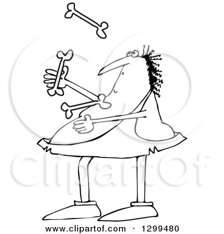 Lineart Clipart of a Black and White Chubby Caveman Juggling Bones - Royalty Free Outline Vector Illustration by djart