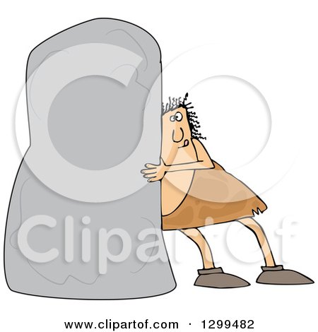 Clipart of a Chubby Caveman Pushing a Monolith - Royalty Free Vector Illustration by djart