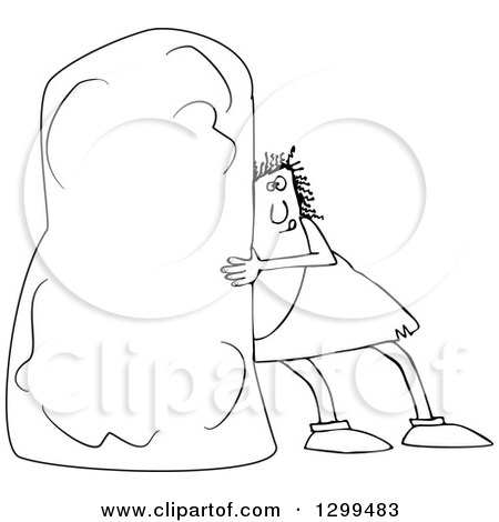 Lineart Clipart of a Black and White Chubby Caveman Pushing a Monolith - Royalty Free Outline Vector Illustration by djart