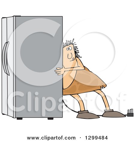Clipart of a Chubby Caveman Using the Wall Behind Him to Push a Refrigerator out - Royalty Free Vector Illustration by djart