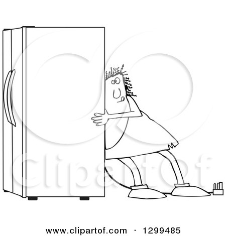 Lineart Clipart of a Black and White Chubby Caveman Using the Wall Behind Him to Push a Refrigerator out - Royalty Free Outline Vector Illustration by djart