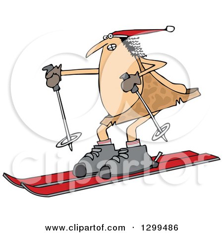Clipart of a Chubby Caveman Wearing a Santa Hat and Skiing - Royalty Free Vector Illustration by djart