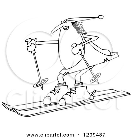 Lineart Clipart of a Black and White Chubby Caveman Wearing a Santa Hat and Skiing - Royalty Free Outline Vector Illustration by djart