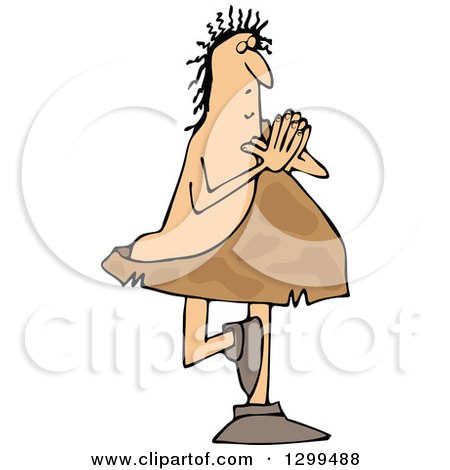 Clipart of a Chubby Caveman Balanced on One Foot and Doing Yoga - Royalty Free Vector Illustration by djart