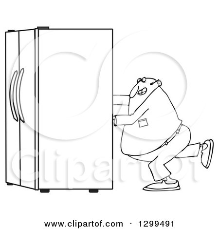 Lineart Clipart of a Black and White Chubby Man Using the Wall Behind Him to Push a Refrigerator out - Royalty Free Outline Vector Illustration by djart