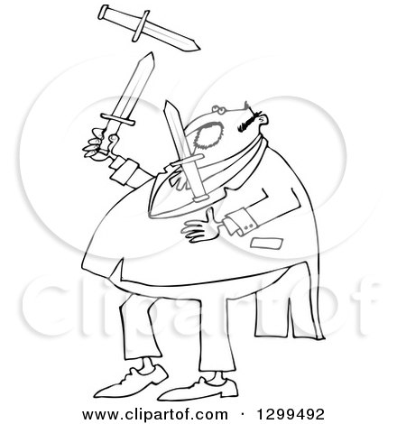 Lineart Clipart of a Black and White Chubby Man in a Tuxedo, Juggling Knives - Royalty Free Outline Vector Illustration by djart