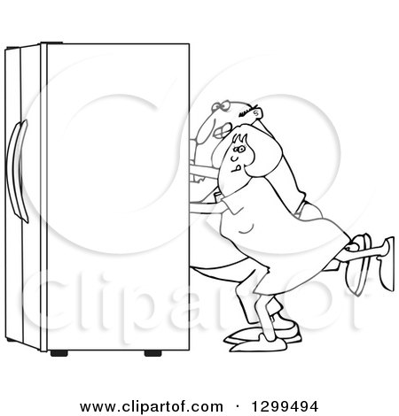 Lineart Clipart of a Black and White Chubby Couple Using the Wall Behind Them to Push a Refrigerator out - Royalty Free Outline Vector Illustration by djart