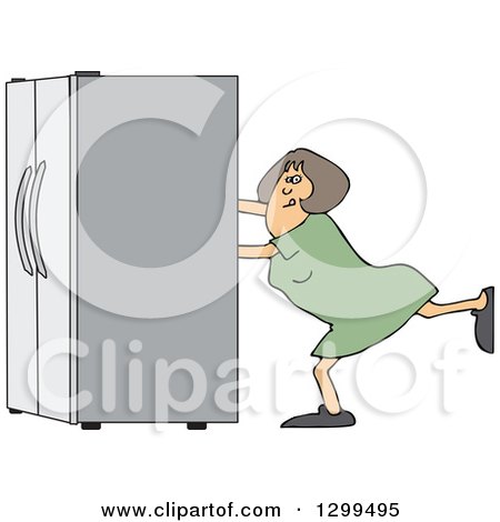 Clipart of a White Woman Using the Wall Behind Her to Push a Refrigerator out - Royalty Free Vector Illustration by djart