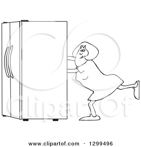 Lineart Clipart of a Black and White Woman Using the Wall Behind Her to Push a Refrigerator out - Royalty Free Outline Vector Illustration by djart