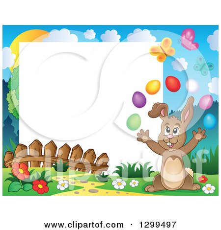 Clipart of a Brown Bunny Rabbit Juggling Easter Eggs in a Park with Text Space - Royalty Free Vector Illustration by visekart