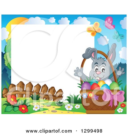 Clipart of a Gray Bunny Rabbit Behind a Basket of Easter Eggs in a Park, with White Text Space - Royalty Free Vector Illustration by visekart