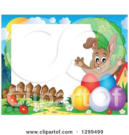 Clipart of a Brown Bunny Rabbit Behind Colorful Easter Eggs in a Park, with White Text Space - Royalty Free Vector Illustration by visekart