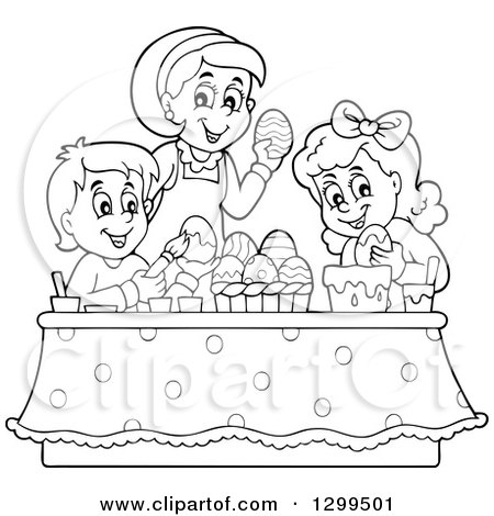 Clipart of a Black and White Mom and Children Decorating Easter Eggs - Royalty Free Vector Illustration by visekart