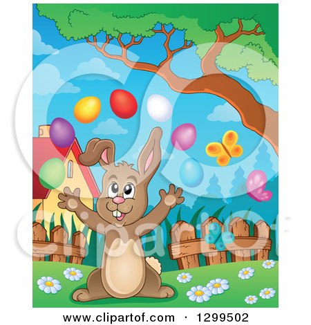 Clipart of a Brown Bunny Rabbit Juggling Easter Eggs in a Park - Royalty Free Vector Illustration by visekart