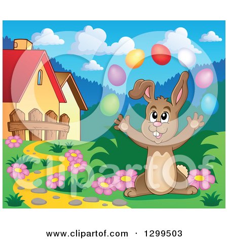 Clipart of a Brown Bunny Rabbit Juggling Easter Eggs in a Park 2 - Royalty Free Vector Illustration by visekart