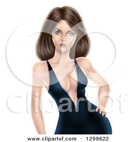 Clipart of a 3d Fit Brunette White Woman Posing in a Low Cut Black Dress - Royalty Free Illustration by cidepix