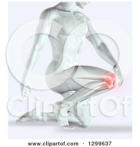 Clipart of a 3d Anatomical Xray Man Kneeling with Highlighted Knee Pain - Royalty Free Illustration by KJ Pargeter