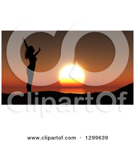 Clipart of a 3d Silhouetted Carefree Woman Holding Her Arms up Against an Orange Ocean Sunset - Royalty Free Illustration by KJ Pargeter