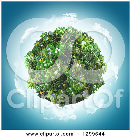Clipart of a 3d Globe Covered in Grass and Flowers on Blue - Royalty Free Illustration by KJ Pargeter