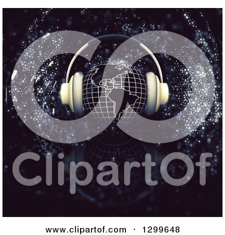 Clipart of a 3d Grid Globe with Headphones over Sparkles on Black - Royalty Free Illustration by KJ Pargeter