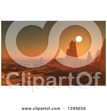 Clipart of a 3d Sunset over a Surreal Desert Landscape with Formations - Royalty Free Illustration by KJ Pargeter