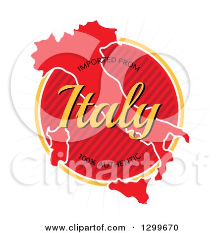 Clipart of a Round Red Imported from Italy One Hundred Precent Authentic Map Label with Rays - Royalty Free Vector Illustration by Arena Creative