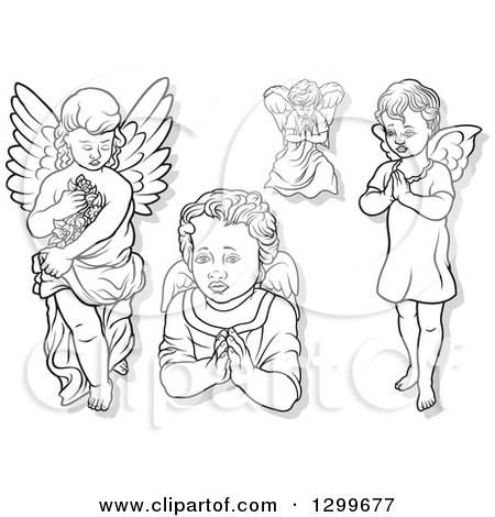 Clipart of Black and White Angels Carrying Flowers and Praying, with Gray Shadows - Royalty Free Vector Illustration by dero