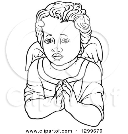 Clipart of a Black and White Angel with Prayer Hands - Royalty Free Vector Illustration by dero