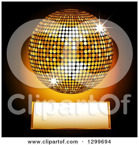 Clipart of a 3d Sparkling Gold Disco Ball over a Plaque on Black - Royalty Free Vector Illustration by elaineitalia