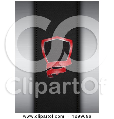 Clipart of a Red Black and Chrome Shield with a Banner over Palens of Brushed Metal and Leather - Royalty Free Vector Illustration by elaineitalia