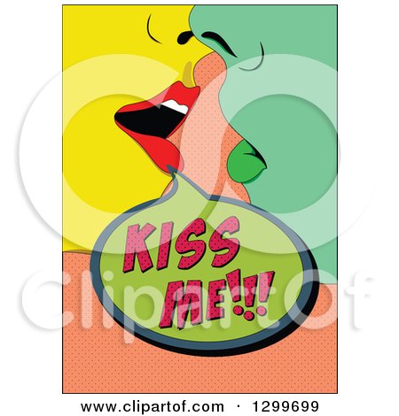 Clipart of a Retro Colorful Pop Art Couple About to Kiss over Salmon Pink - Royalty Free Vector Illustration by pauloribau