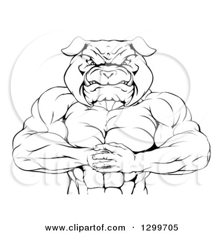 Clipart of a Black and White Tough Muscular Bulldog Man Punching One Fist into a Palm - Royalty Free Vector Illustration by AtStockIllustration