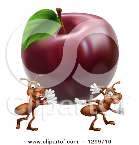 Clipart of Cartoon Happy Ants Carrying a Big Red Apple - Royalty Free Vector Illustration by AtStockIllustration