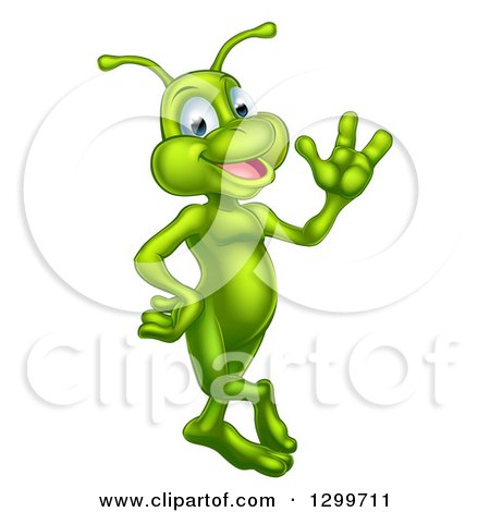 Clipart of a Cartoon Happy Green Alien Waving - Royalty Free Vector Illustration by AtStockIllustration