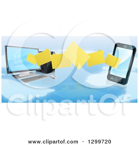 Clipart of 3d Folder File Transfer from a Desktop Computer to a Smart Cell Phone over a Map - Royalty Free Vector Illustration by AtStockIllustration