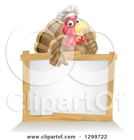 Clipart of a Pleased Turkey Bird Chef Giving a Thumb up over a Blank White Sign - Royalty Free Vector Illustration by AtStockIllustration